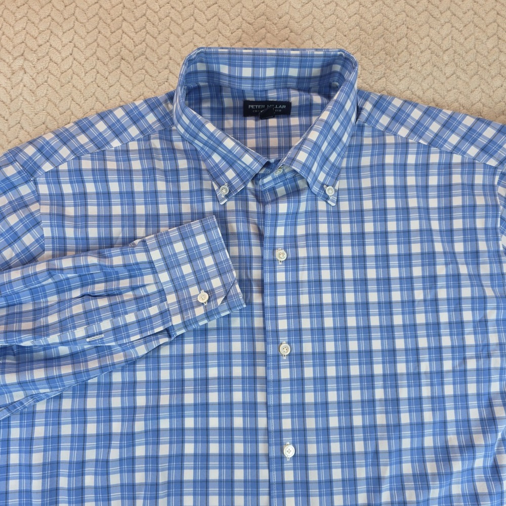 Peter Millar Crown Crafted Mens Large Blue White Plaid Button Down Shirt